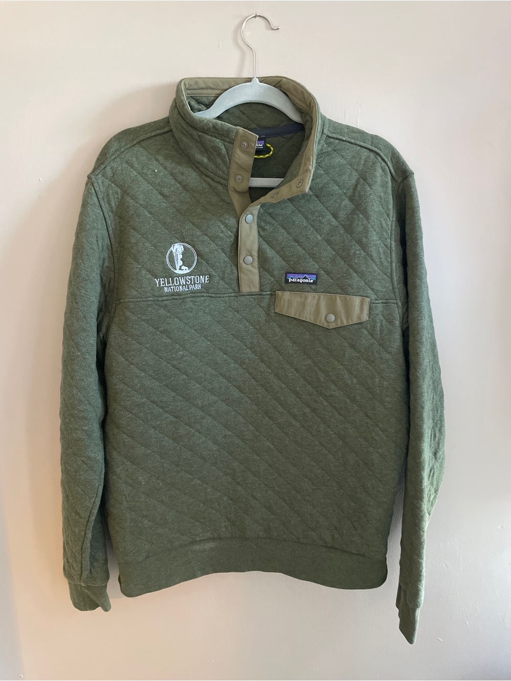 Patagonia Olive Green Quilted Pullover with Yellow Loop and Navy Trim